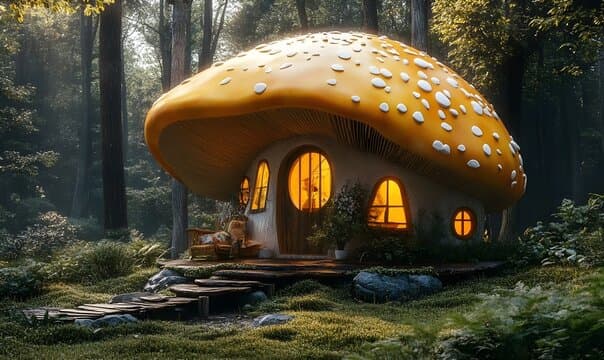 mushroom house- a cottage with a spotted cap as a roof